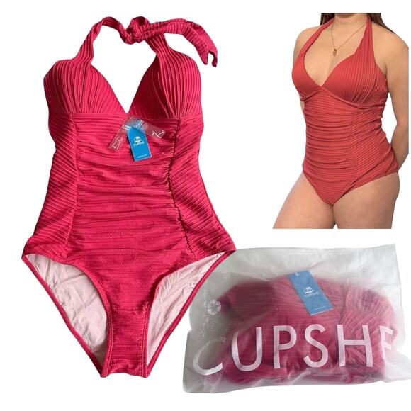 NEW Cupshe SWIM SUIT Womens Ribbed Halterneck Long Torso Tummy Control One Piece - Picture 1 of 15